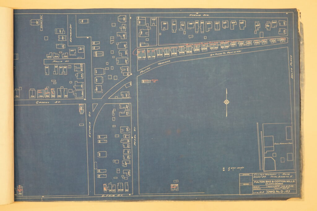 Cabbagetown Village Map, 1933 
Georgia Institute of Technology Archives, Fulton Bag and Cotton Mills Architectural Drawings, Folder #7d-25 (all rights reserved)